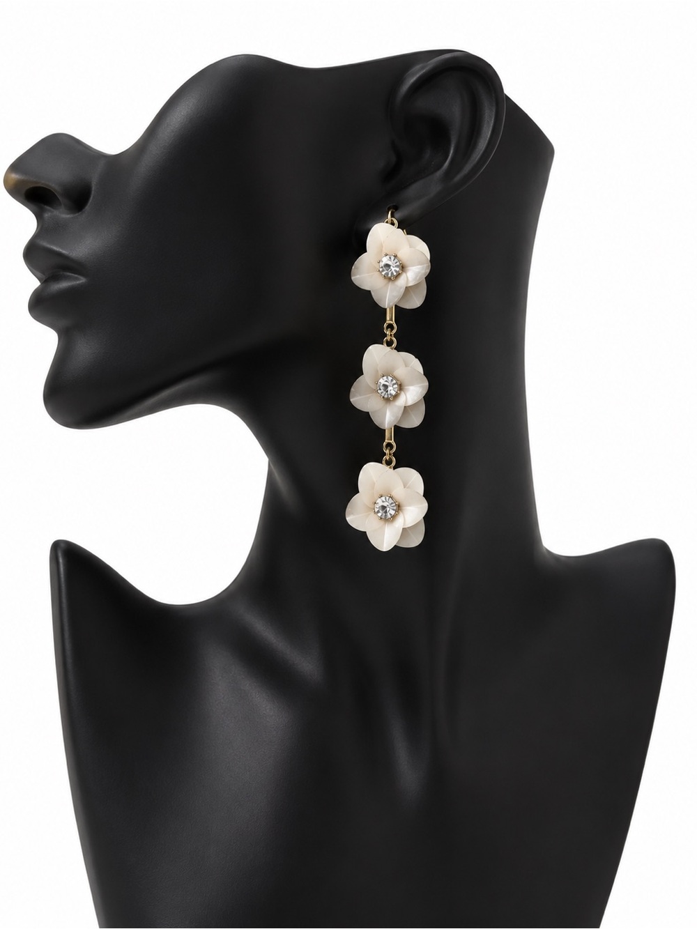 Floral Drop Earrings - Cream Triple Flower with Crystal Centers